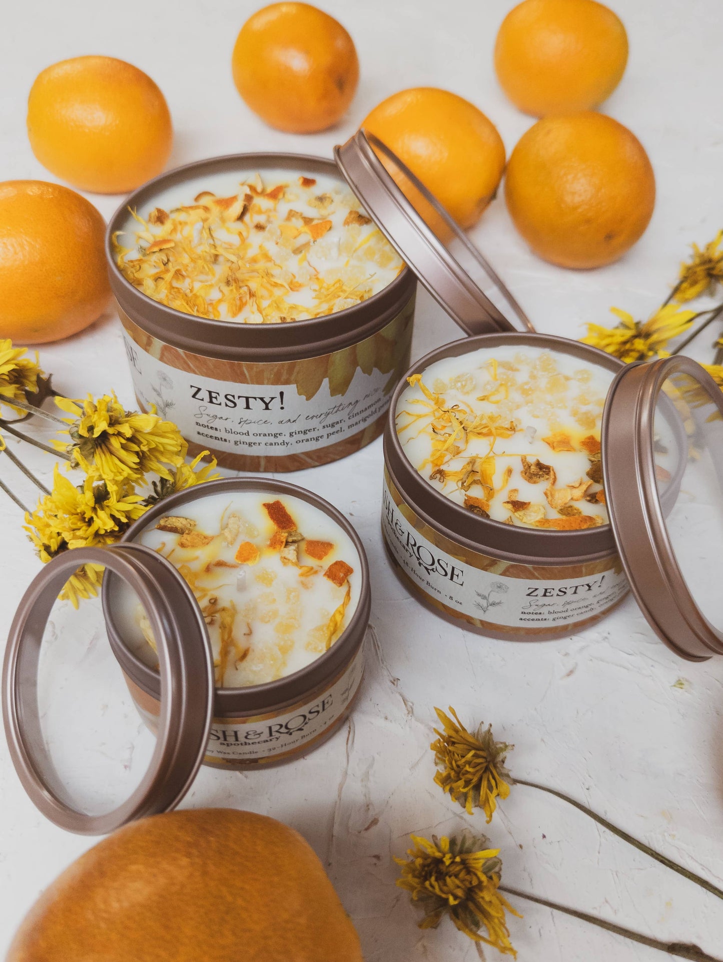 Zesty Orange Ginger Marigold Soy Tin Candle Handmade Gift: 4 oz