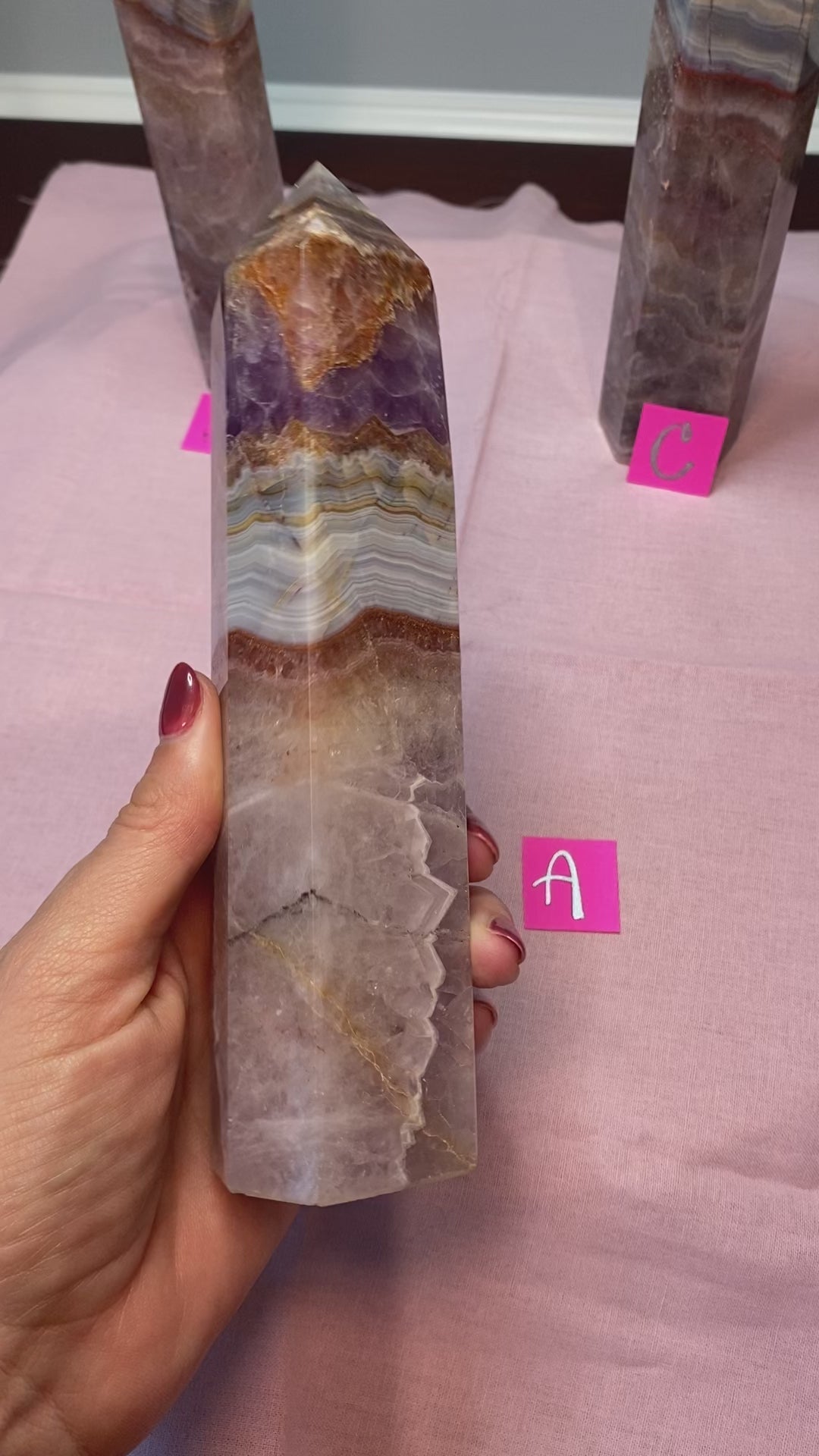 Load and play video in Gallery viewer, Amethyst Lace Agate Obelisk Tower Point