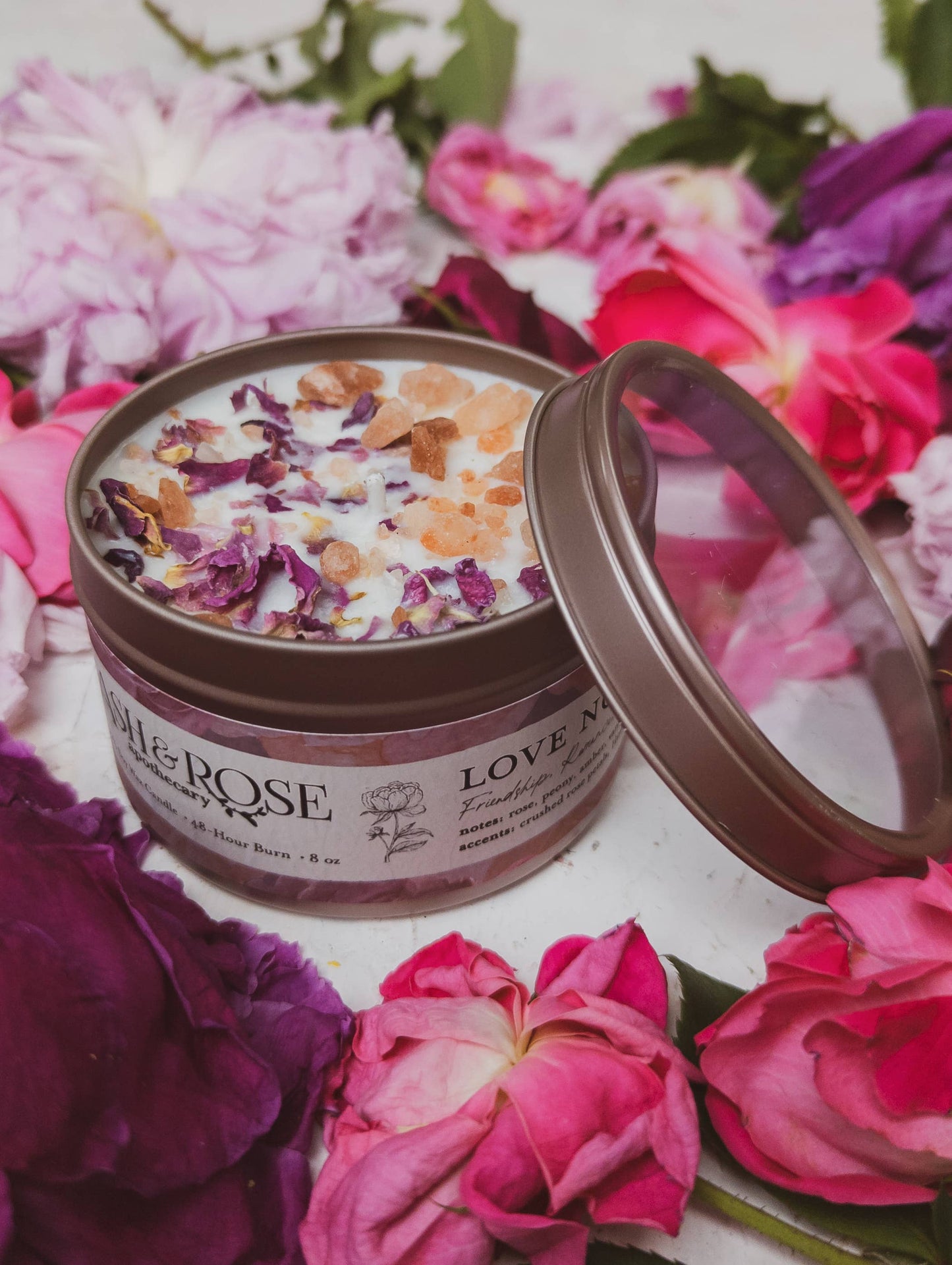 Love Notes Soy Candle Rose Petals Pink Himalayan Salt Flower: 8 oz