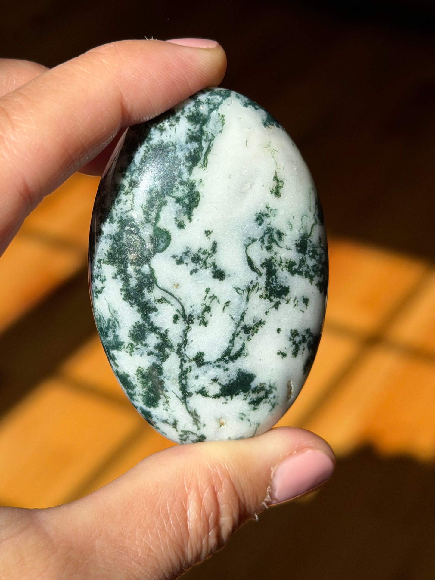 Moss Agate Palm Stone – Grounding, Growth & Gentle Support