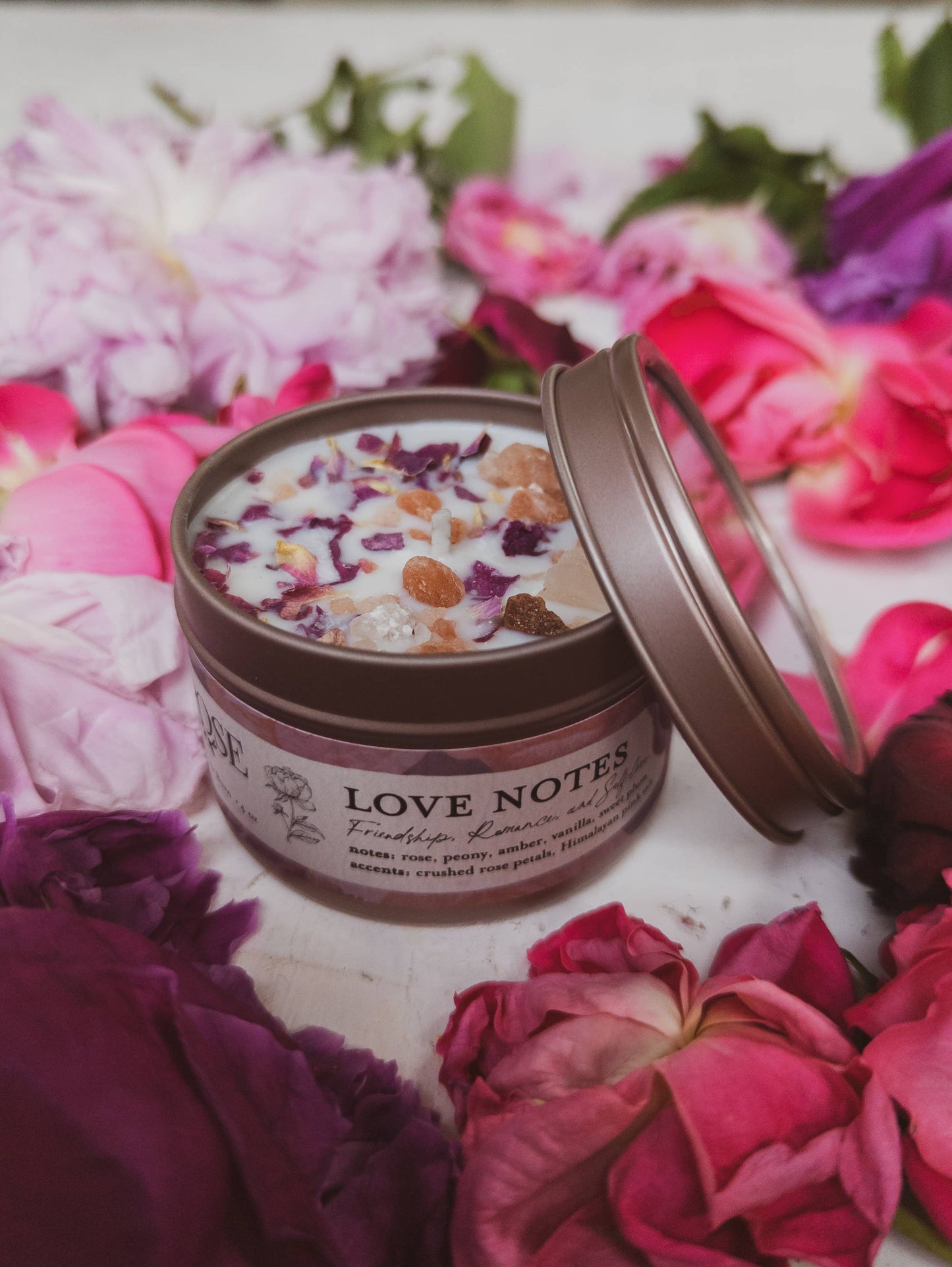 Love Notes Soy Candle Rose Petals Pink Himalayan Salt Flower: 8 oz
