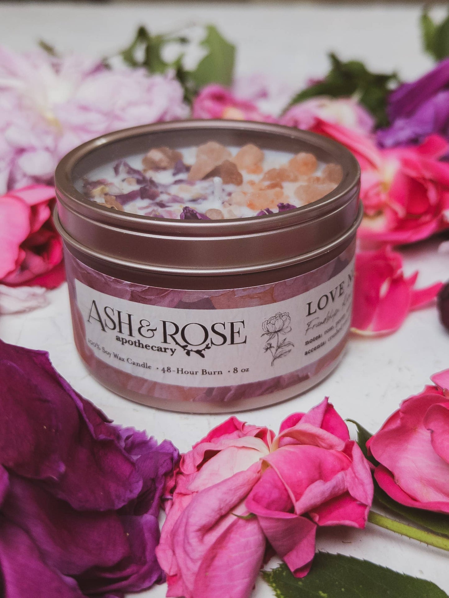 Love Notes Soy Candle Rose Petals Pink Himalayan Salt Flower: 8 oz