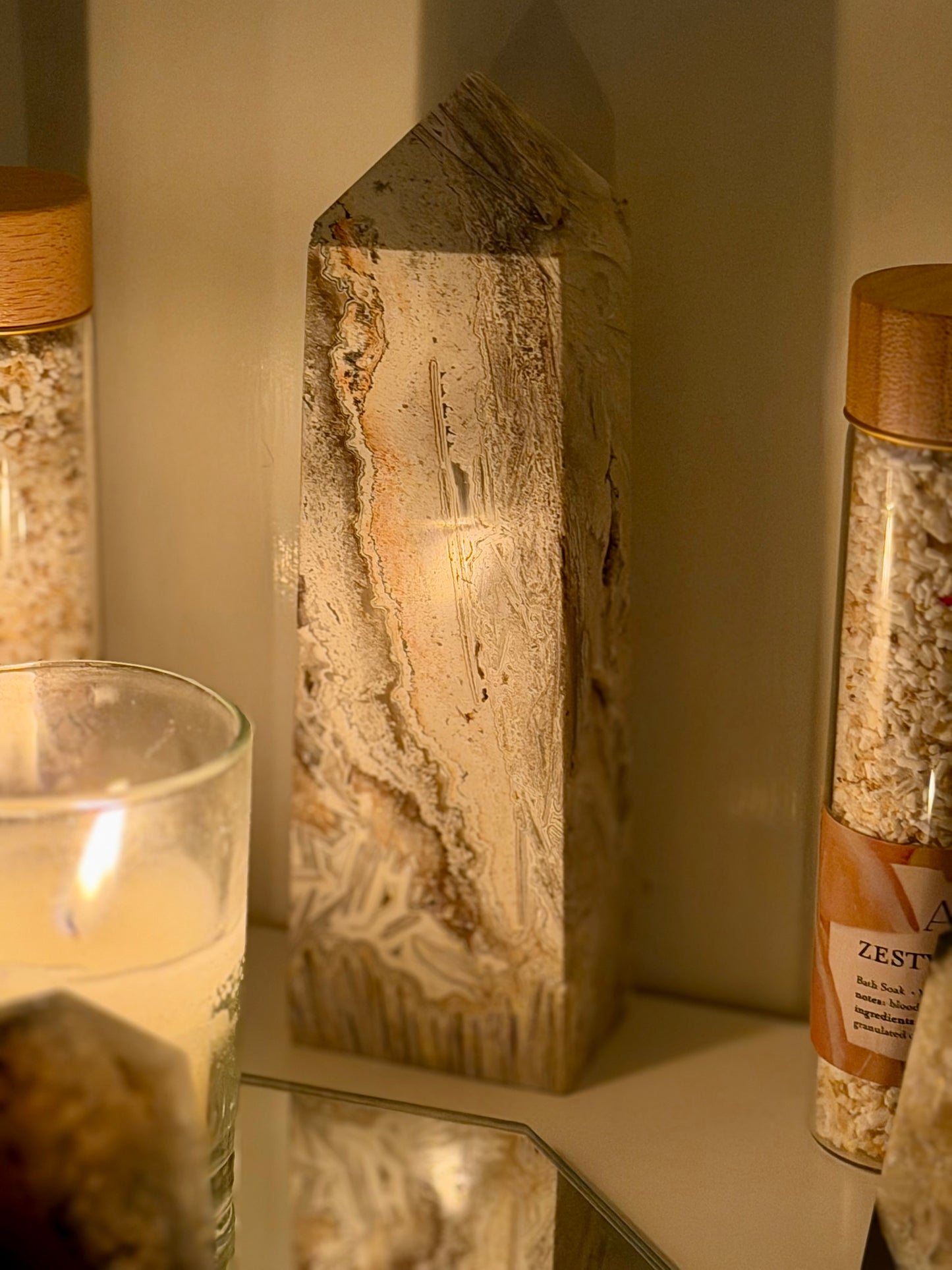 Mexican White Lace Agate Obelisk Tower