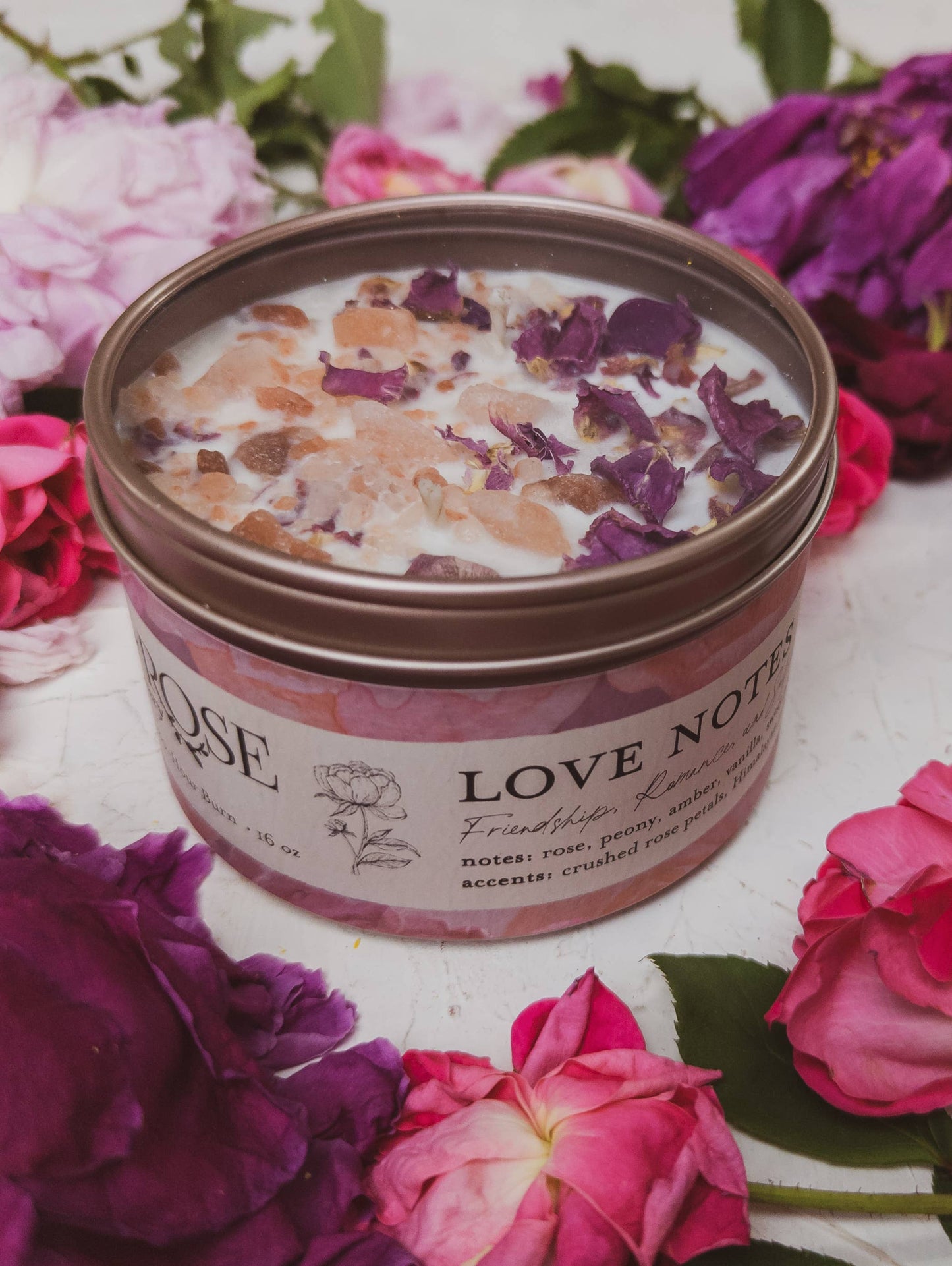 Love Notes Soy Candle Rose Petals Pink Himalayan Salt Flower: 16 oz