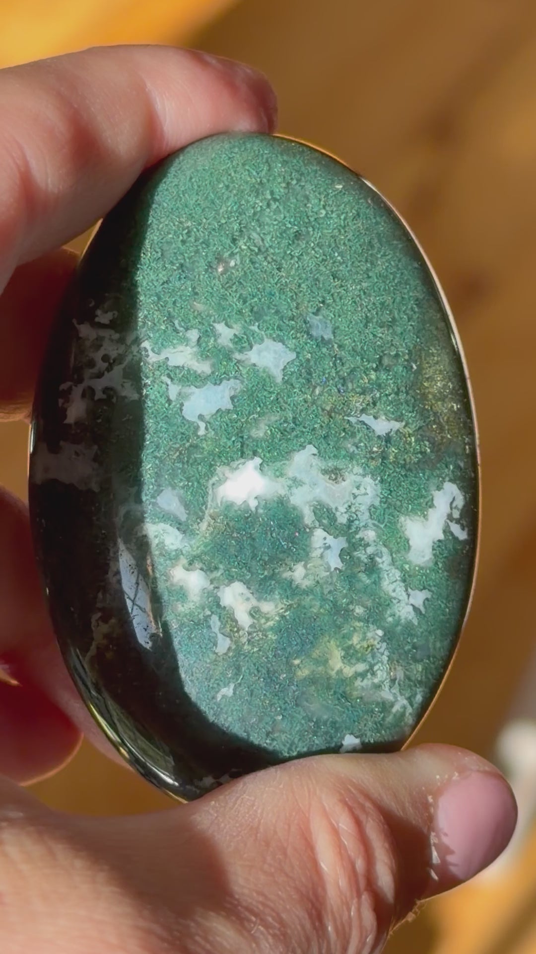 Load and play video in Gallery viewer, Moss Agate Palm Stone – Grounding, Growth &amp;amp; Gentle Support
