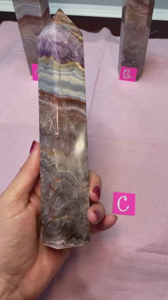 Load and play video in Gallery viewer, Amethyst Lace Agate Obelisk Tower Point
