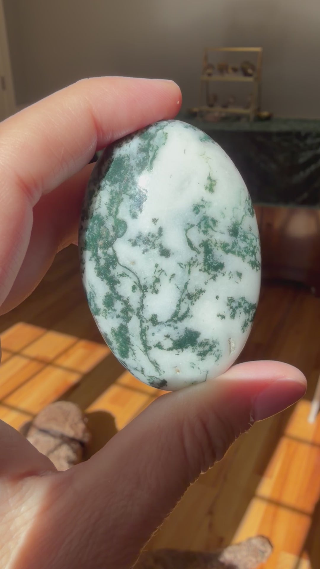 Load and play video in Gallery viewer, Moss Agate Palm Stone – Grounding, Growth &amp;amp; Gentle Support
