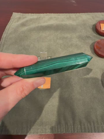 Load and play video in Gallery viewer, Malachite Double Terminated Point – Natural Transformation Crystal (2–4&amp;quot;)
