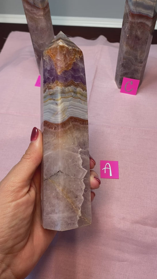 Load and play video in Gallery viewer, Amethyst Lace Agate Obelisk Tower Point
