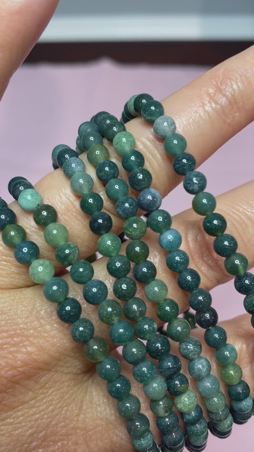 Load and play video in Gallery viewer, Moss Agate Stretchy Bracelet - Growth, Balance &amp;amp; Connection to Nature
