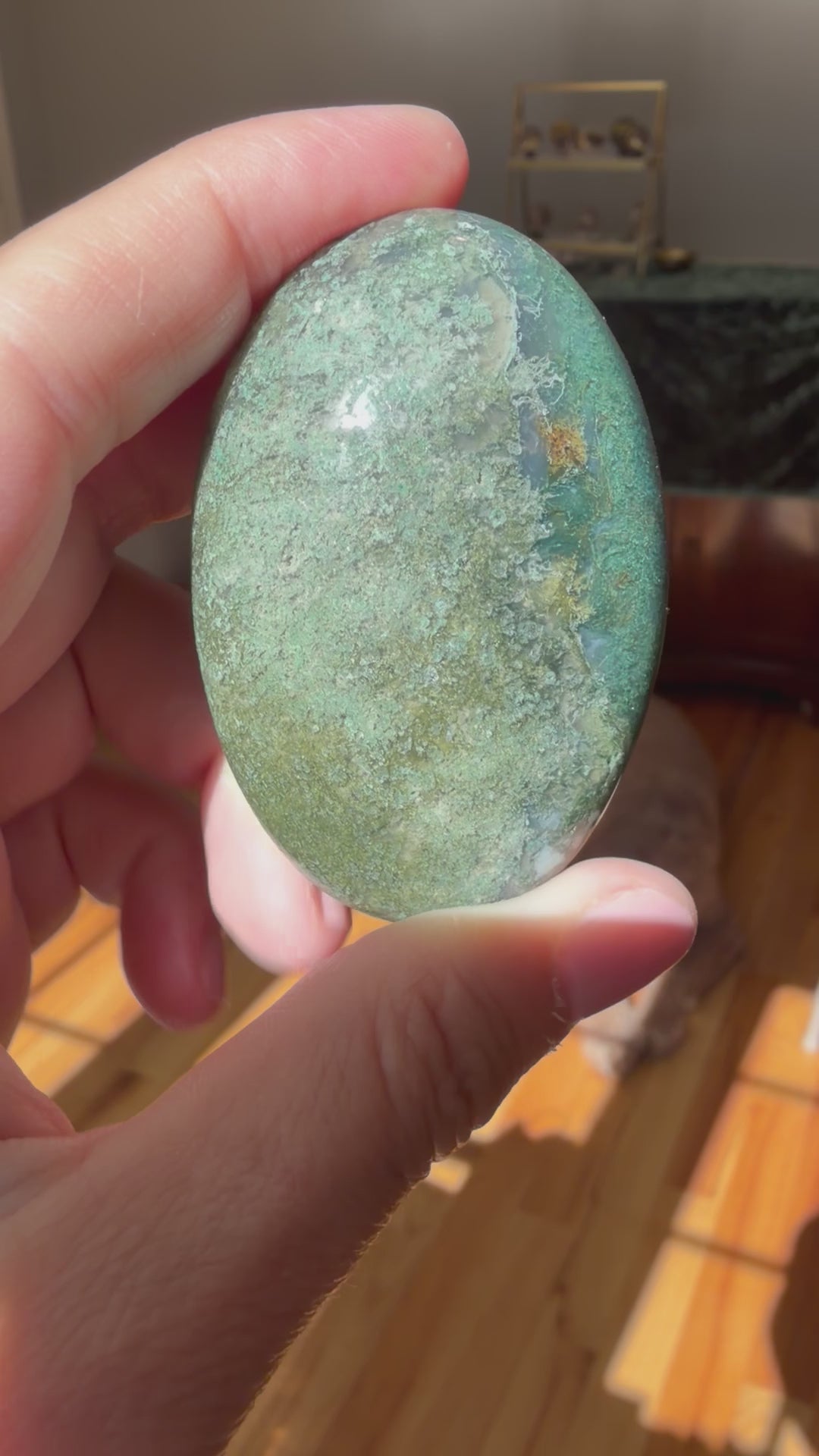 Load and play video in Gallery viewer, Moss Agate Palm Stone – Grounding, Growth &amp;amp; Gentle Support
