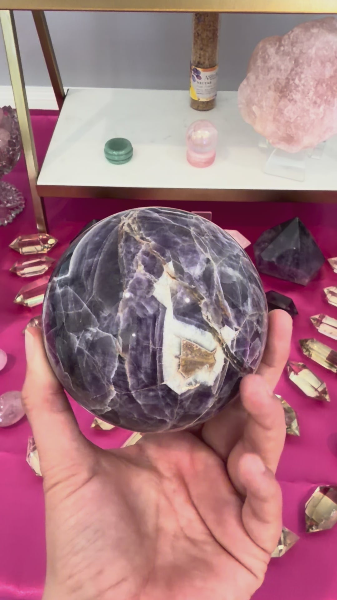 Load and play video in Gallery viewer, Chevron Amethyst Sphere – Brazilian Amethyst Crystal
