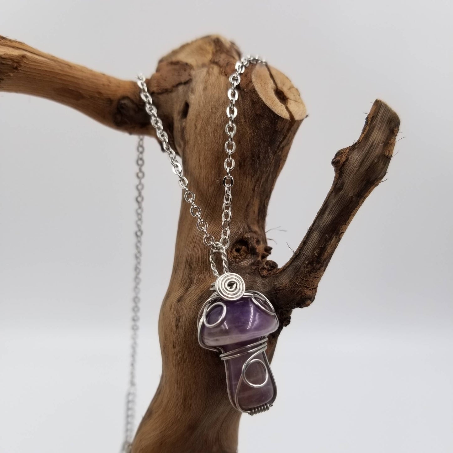 Wire Wrapped Crystal Mushroom Pendant Necklace in Purple